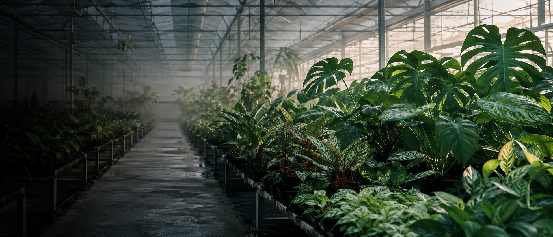 Rows of tropical foliage plants in a commercial greenhouse