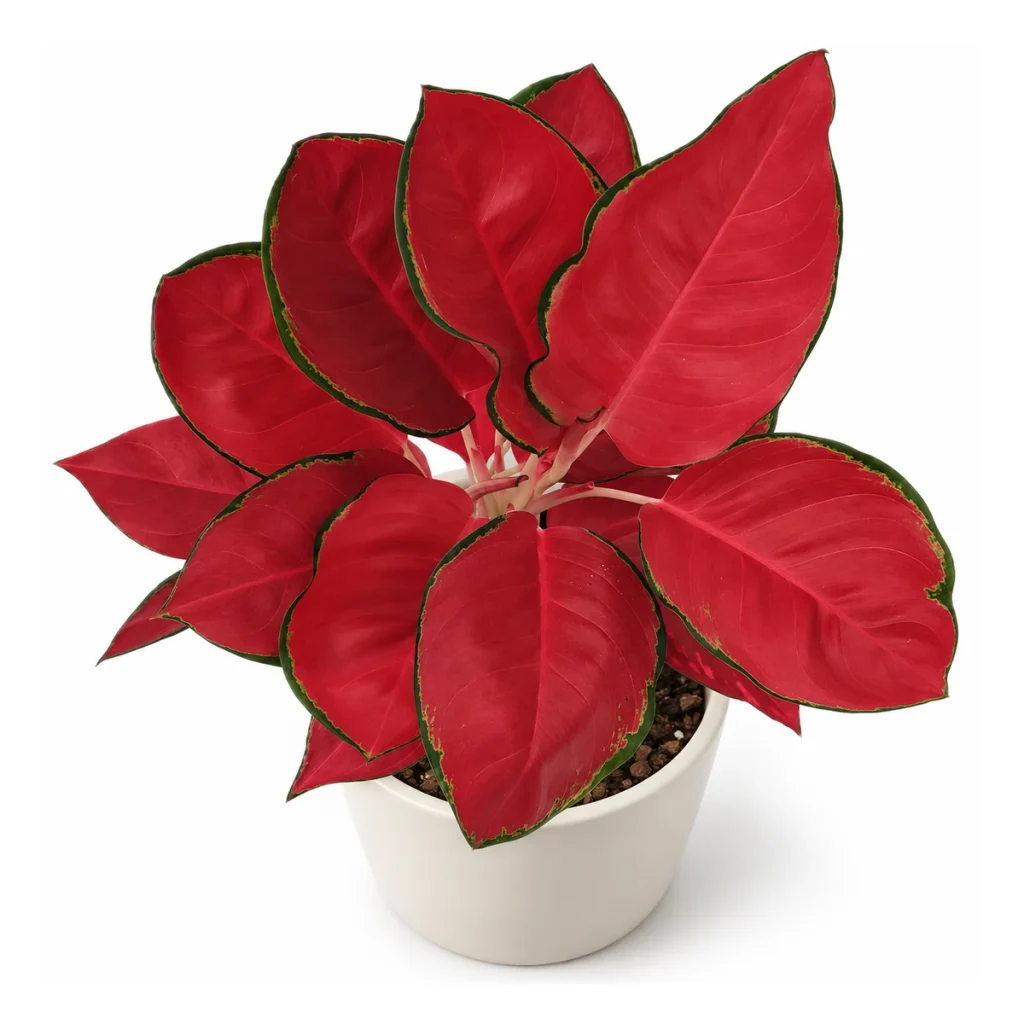 AI potted-plant illustration: Aglaonema A026 Super Red in a white ceramic pot, elevated three-quarter view on a white background