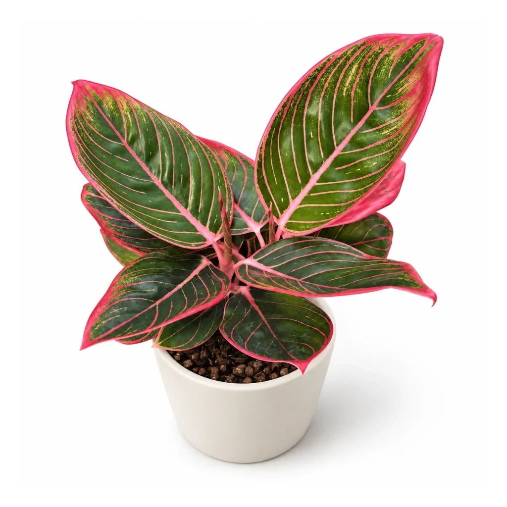AI potted-plant illustration: Aglaonema khanza in a white ceramic pot, elevated three-quarter view on a white background