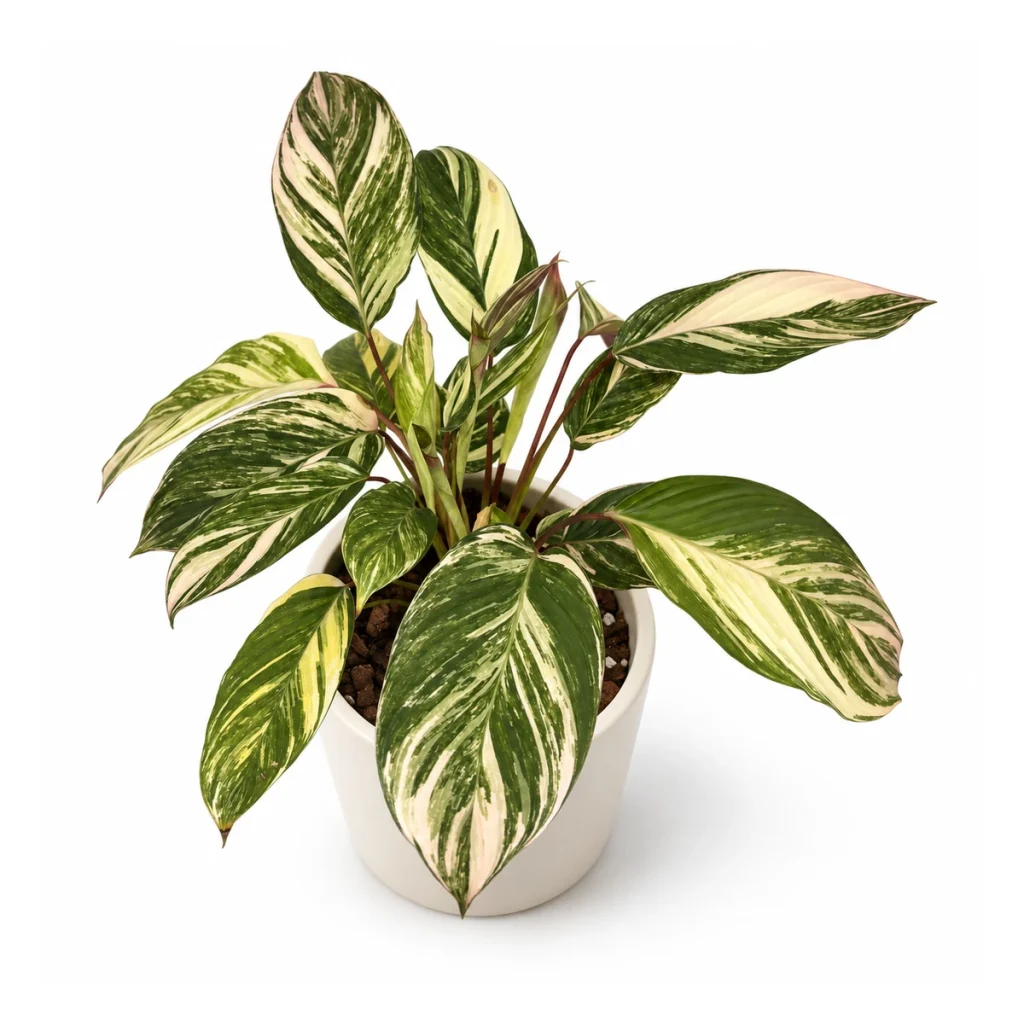 AI potted-plant illustration: Ctenanthe 'Cloud Brocade' in a white ceramic pot, elevated three-quarter view on a white background