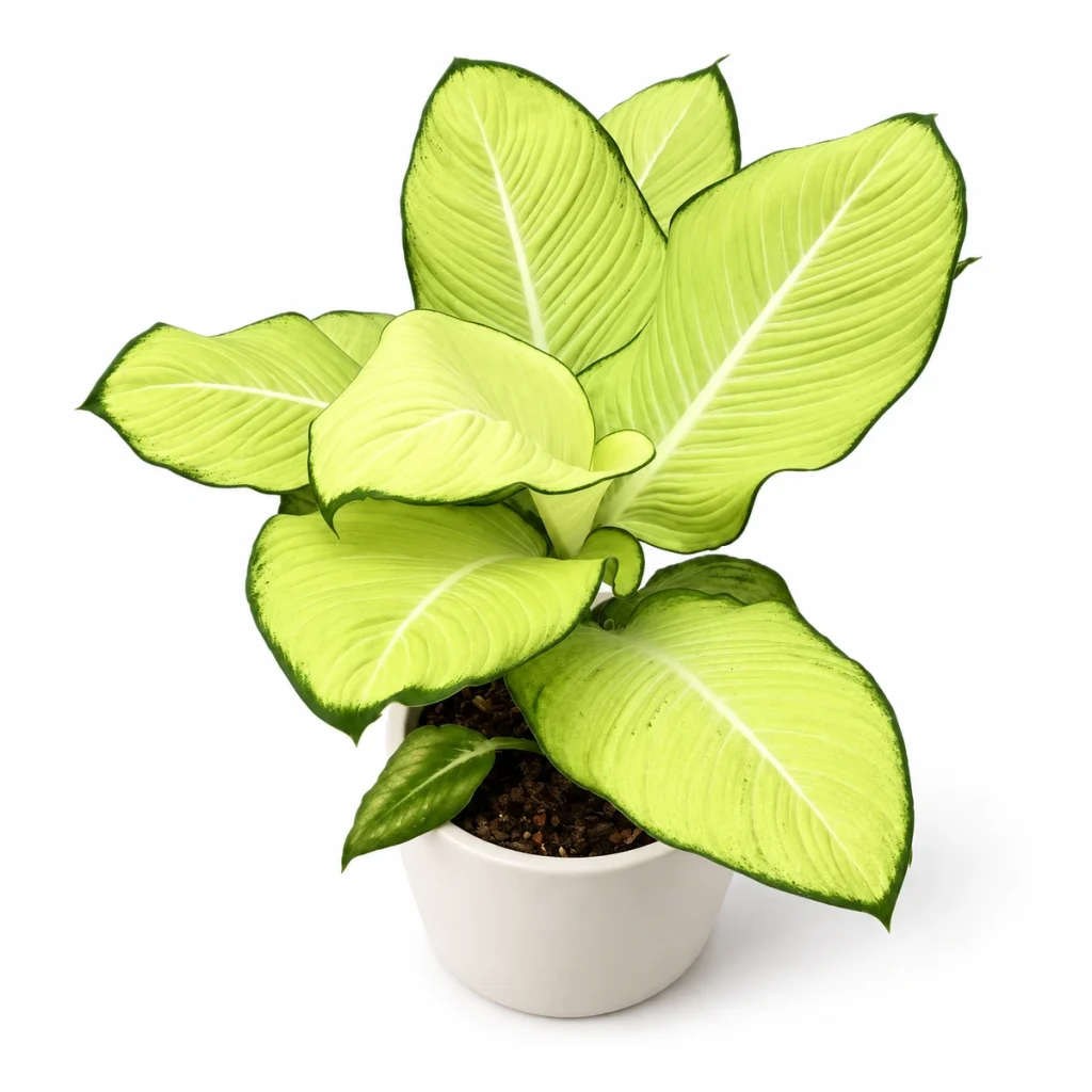 AI potted-plant illustration: Dieffenbachia Avocado Hass in a white ceramic pot, elevated three-quarter view on a white background