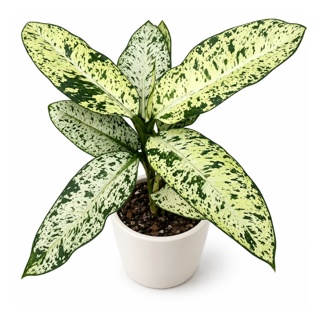 AI potted-plant illustration: Dieffenbachia seguine 'Banana' in a white ceramic pot, elevated three-quarter view on a white background