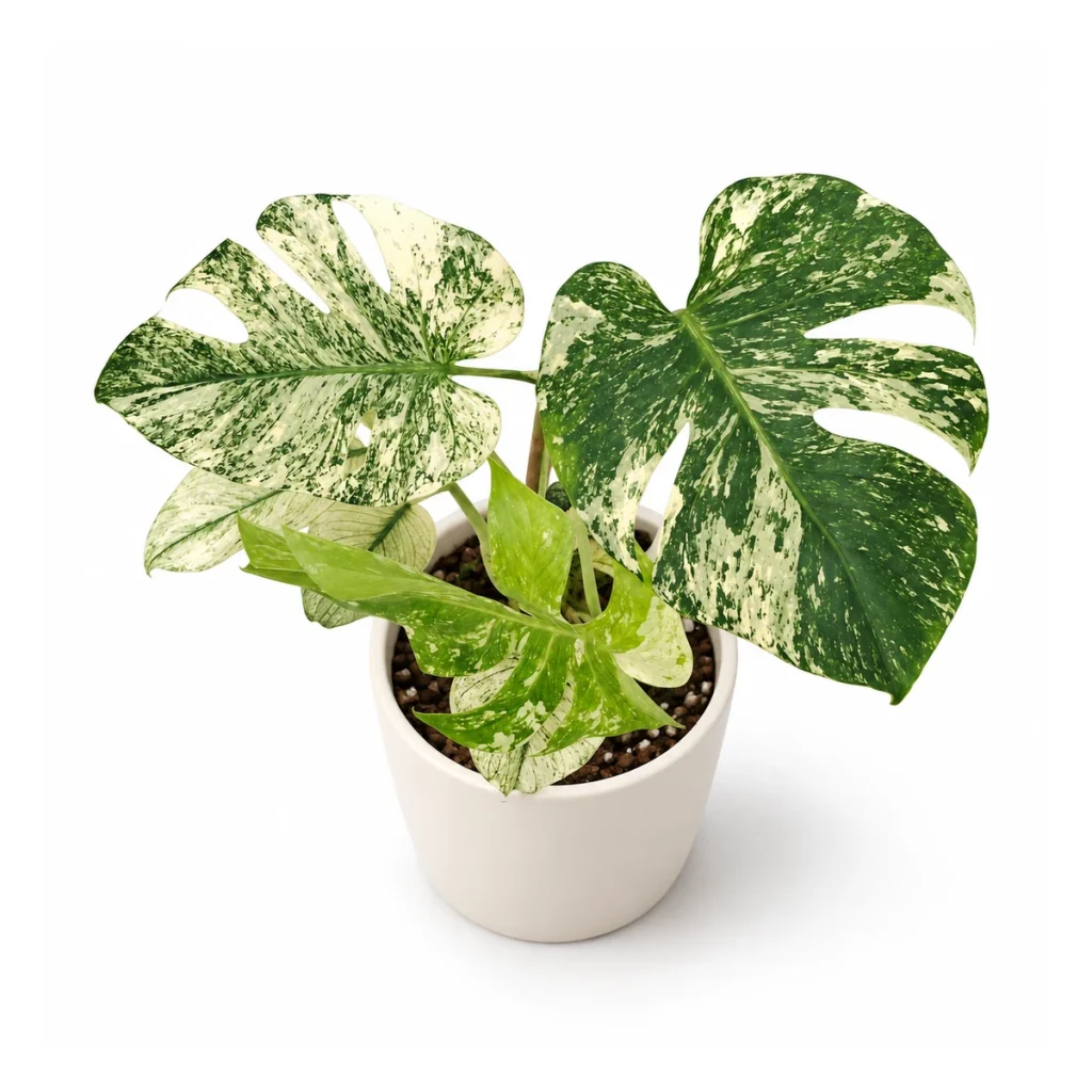 AI potted-plant illustration: Monstera deliciosa White monster in a white ceramic pot, elevated three-quarter view on a white background