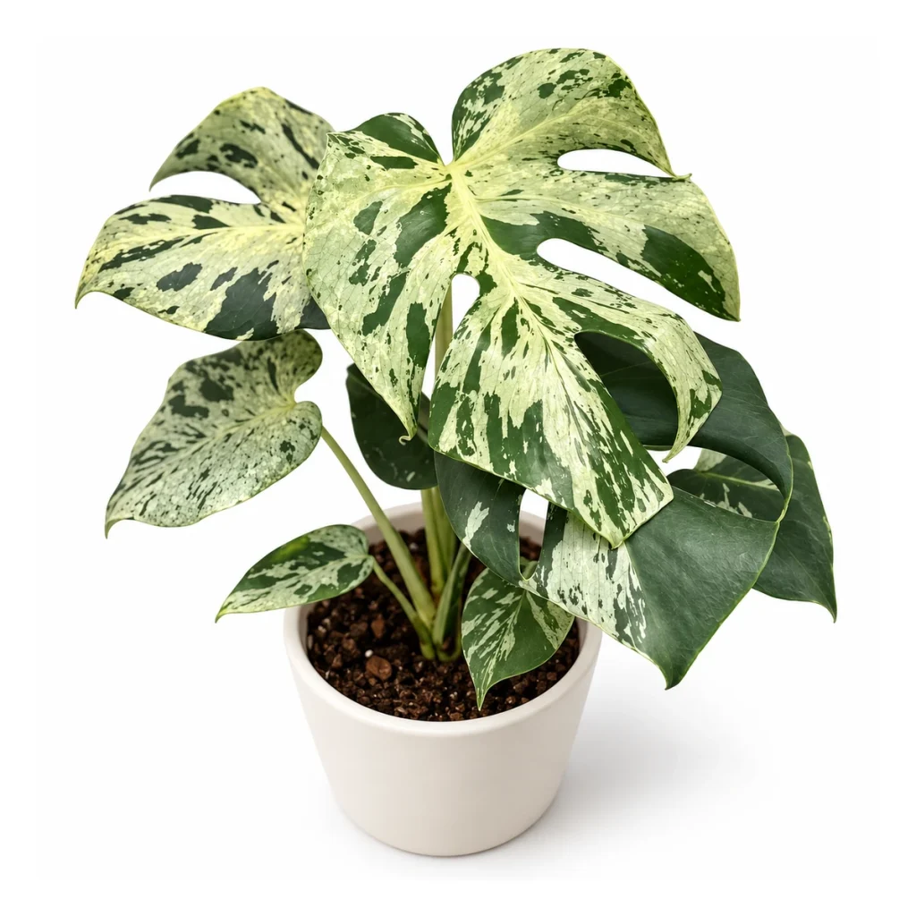AI potted-plant illustration: Monstera deliciosa Bulbasaur in a white ceramic pot, elevated three-quarter view on a white background