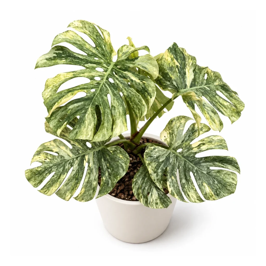 AI potted-plant illustration: Monstera deliciosa Legacy in a white ceramic pot, elevated three-quarter view on a white background