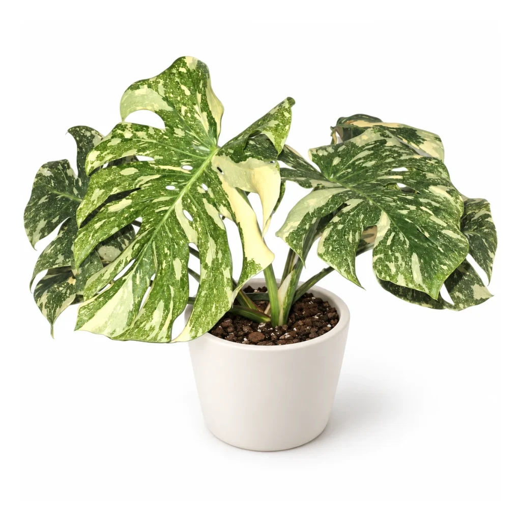 AI potted-plant illustration: Monstera deliciosa Placer Gold in a white ceramic pot, elevated three-quarter view on a white background