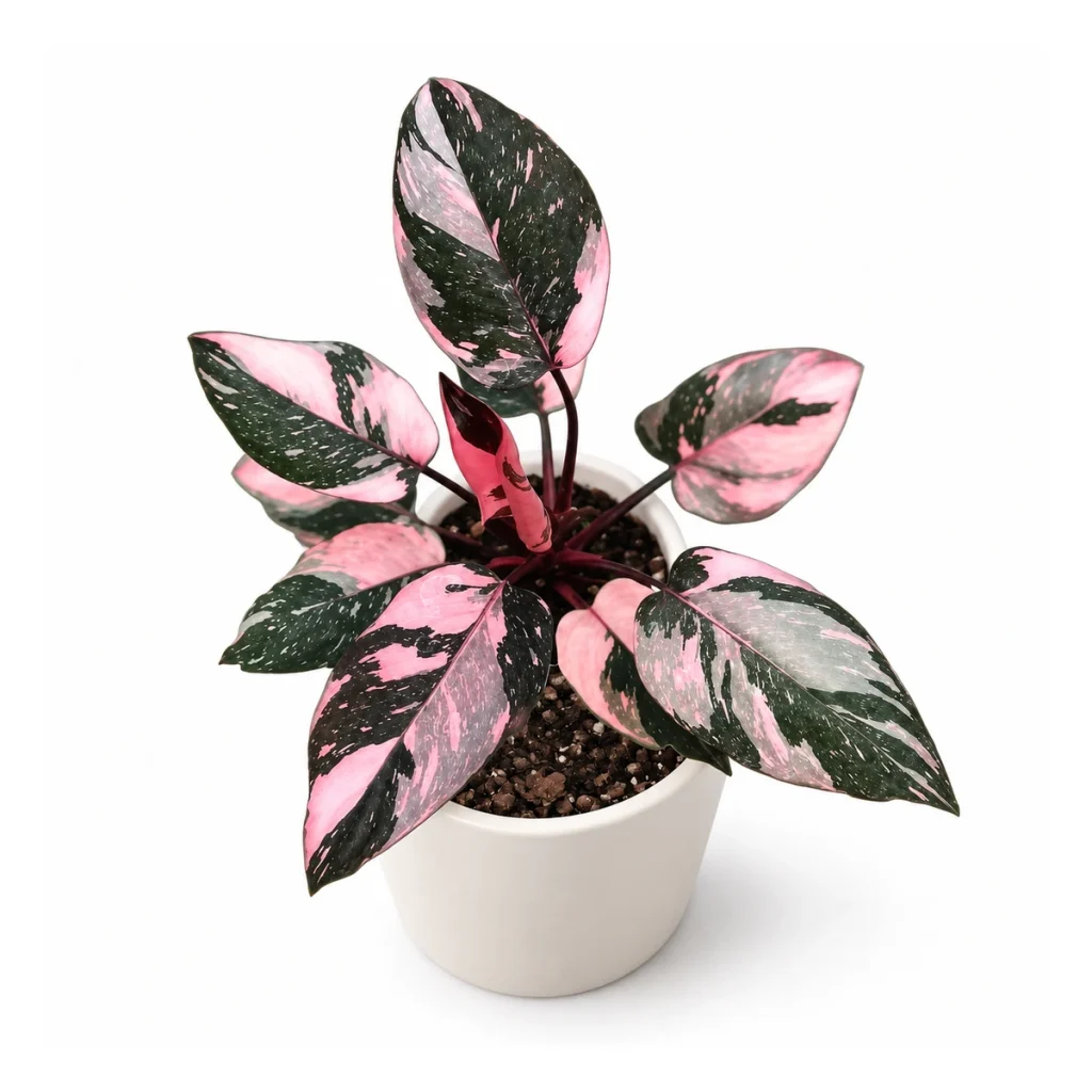 AI potted-plant illustration: Philodendron erubescens marble Pink Princess in a white ceramic pot, elevated three-quarter view on a white background
