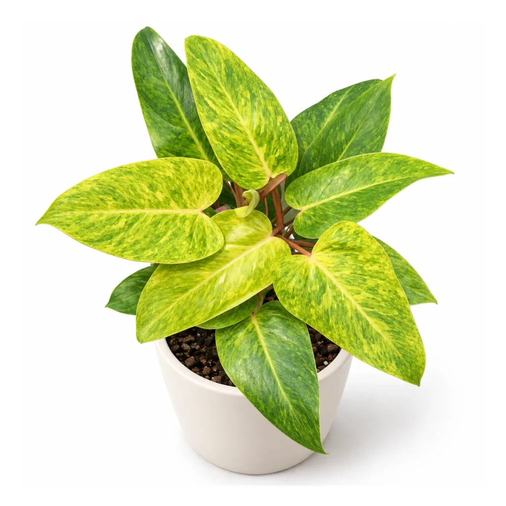AI potted-plant illustration: Philodendron erubescens Painted Lady in a white ceramic pot, elevated three-quarter view on a white background