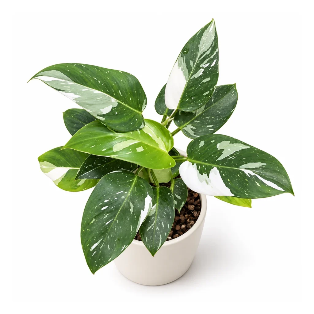 AI potted-plant illustration: Philodendron erubescens White Princess in a white ceramic pot, elevated three-quarter view on a white background