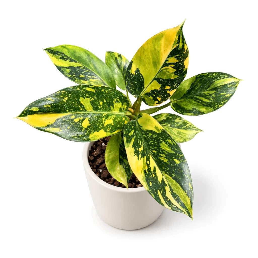 AI potted-plant illustration: Philodendron Green Congo hybrid in a white ceramic pot, elevated three-quarter view on a white background
