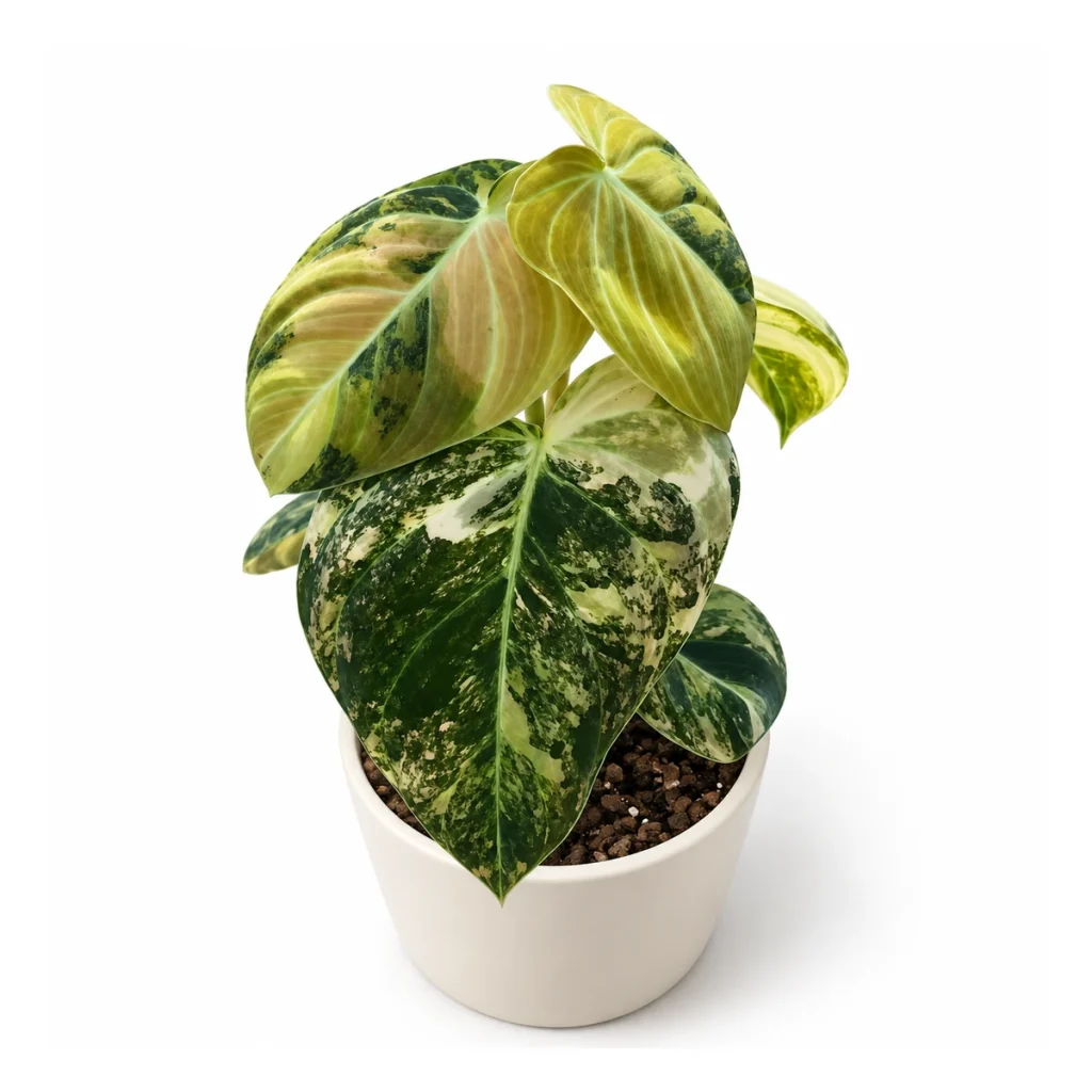 AI potted-plant illustration: Philodendron melanochrysum Variegata in a white ceramic pot, elevated three-quarter view on a white background