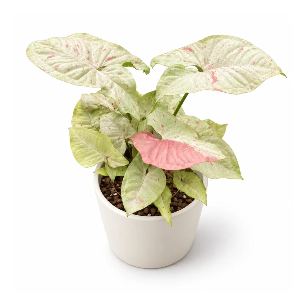 AI potted-plant illustration: Syngonium podophyllum Milk Confetti in a white ceramic pot, elevated three-quarter view on a white background