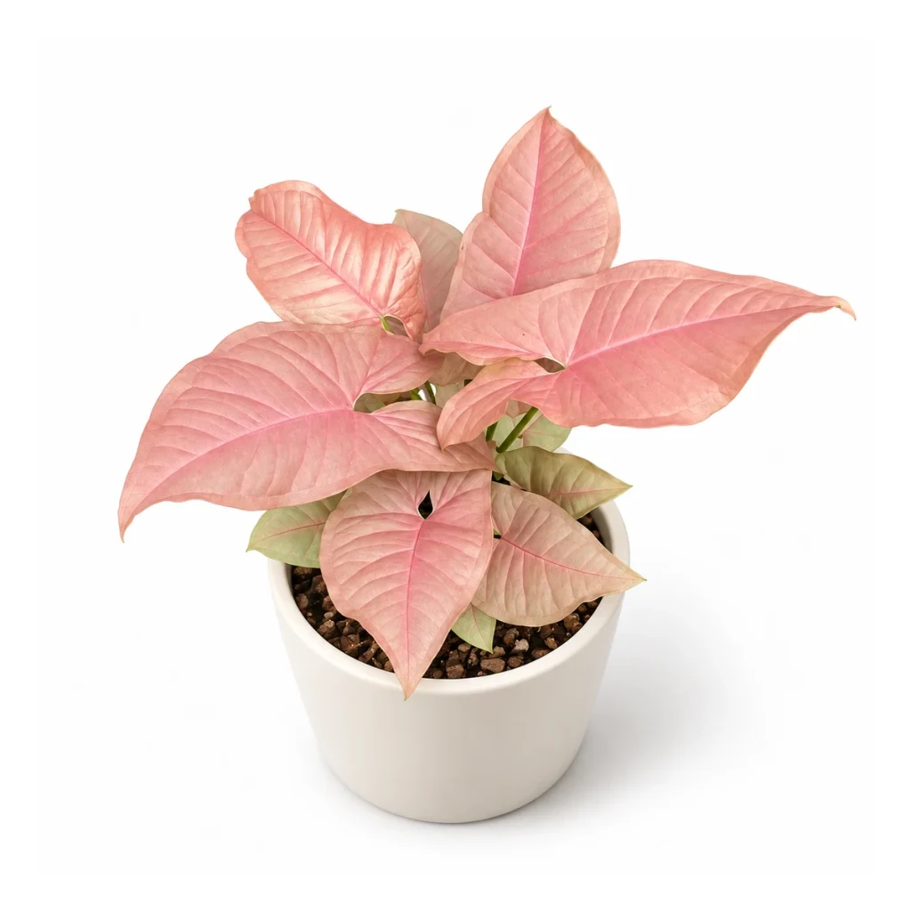 AI potted-plant illustration: Syngonium podophyllum Neon in a white ceramic pot, elevated three-quarter view on a white background